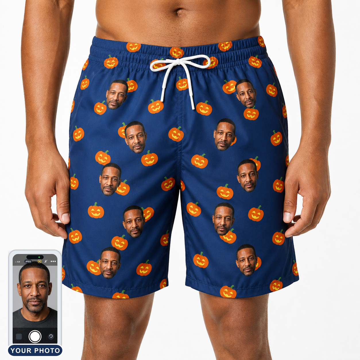 Men's Orange Oddities Custom Face Beach Shorts