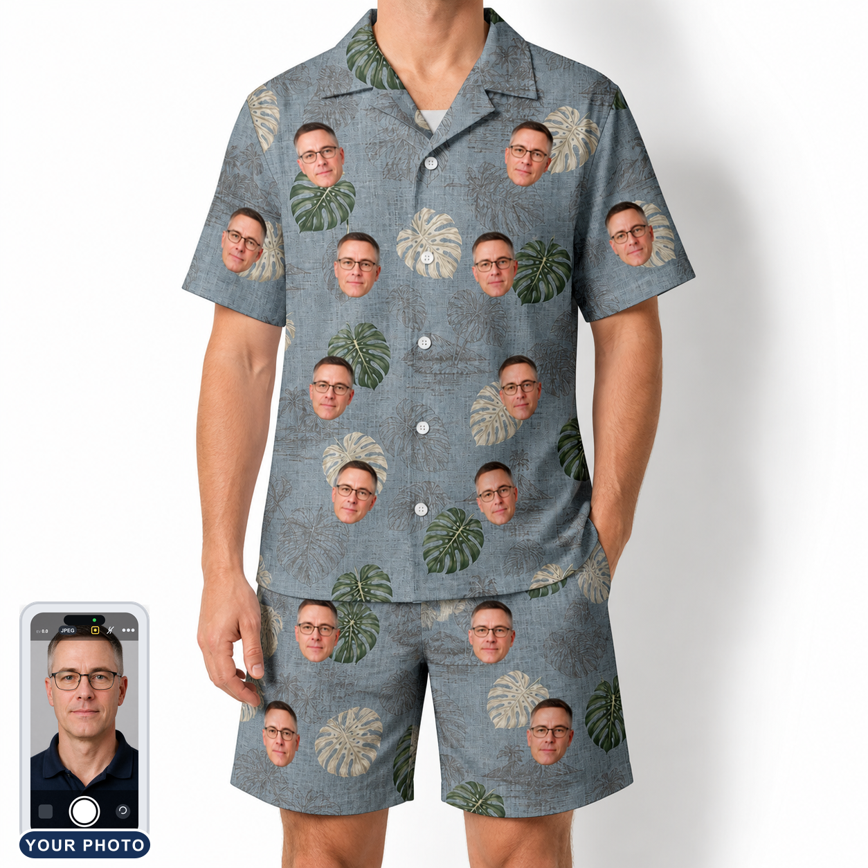 Men's Monstera Mingle Custom Face Shirt & Shorts Set