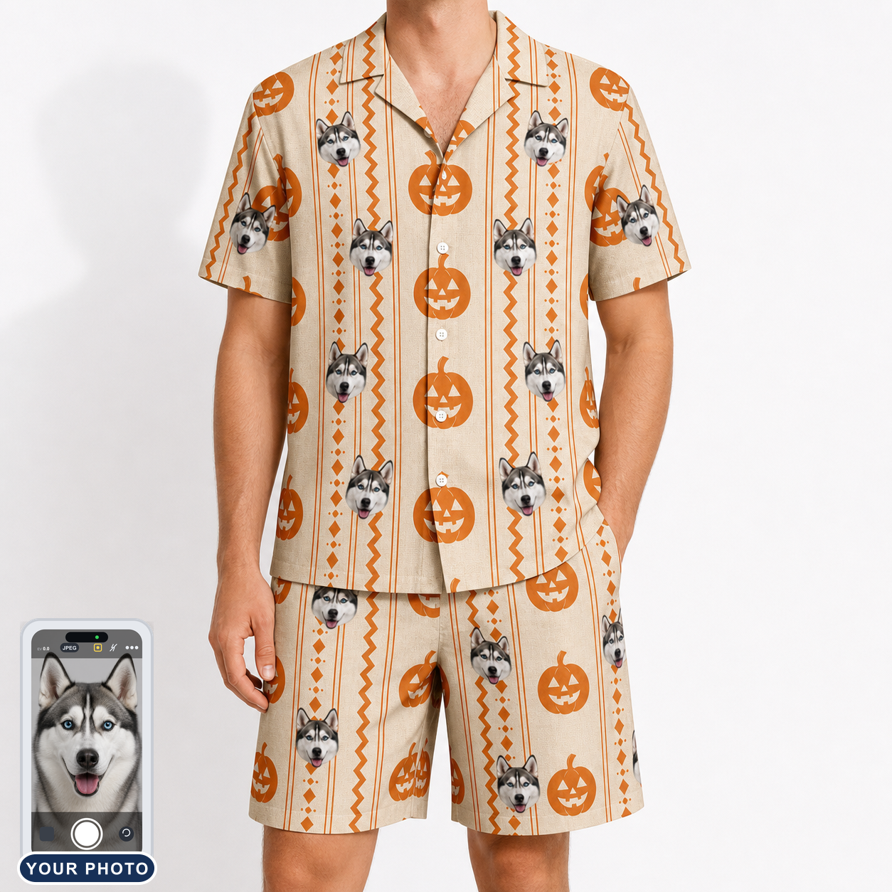 Men's Spooky Squash Custom Dog Face Shirt & Shorts Set