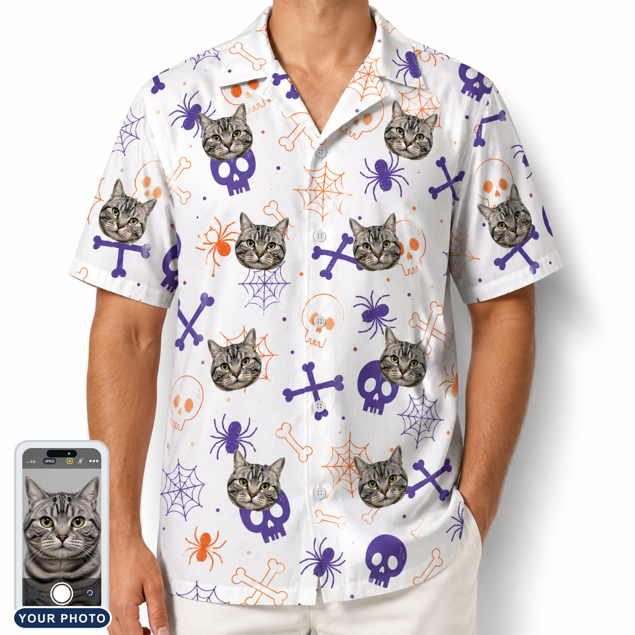 Men's Skull Shuffle Custom Cat Face Hawaiian Shirt