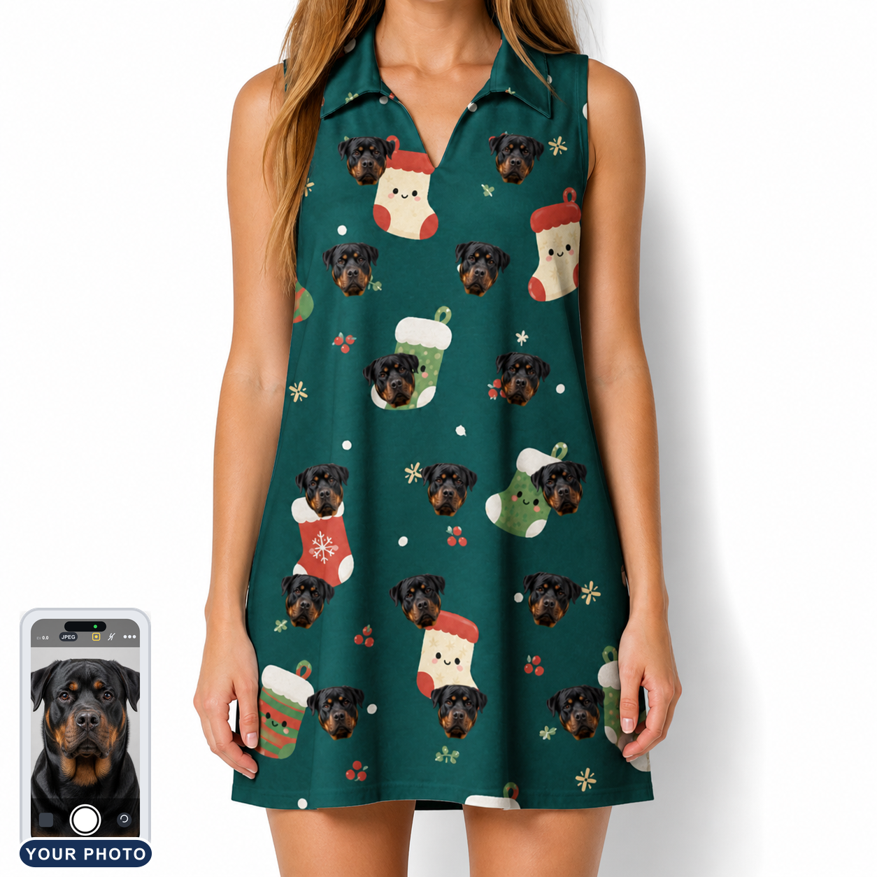 Women's Chimney Cheer Custom Dog Face V-Neck Dress