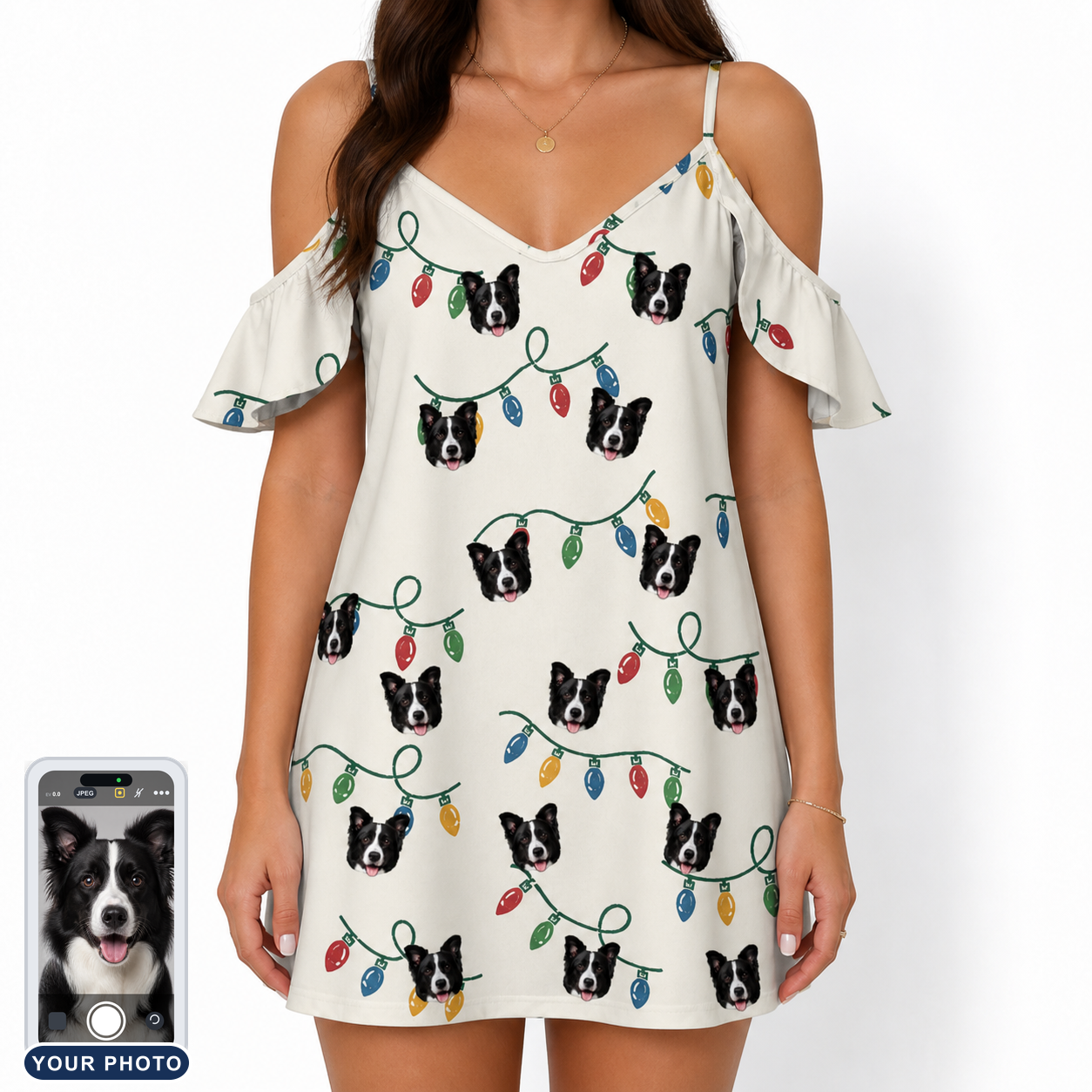 Women's Twinkle Tangled Custom Dog Face Off-Shoulder Dress