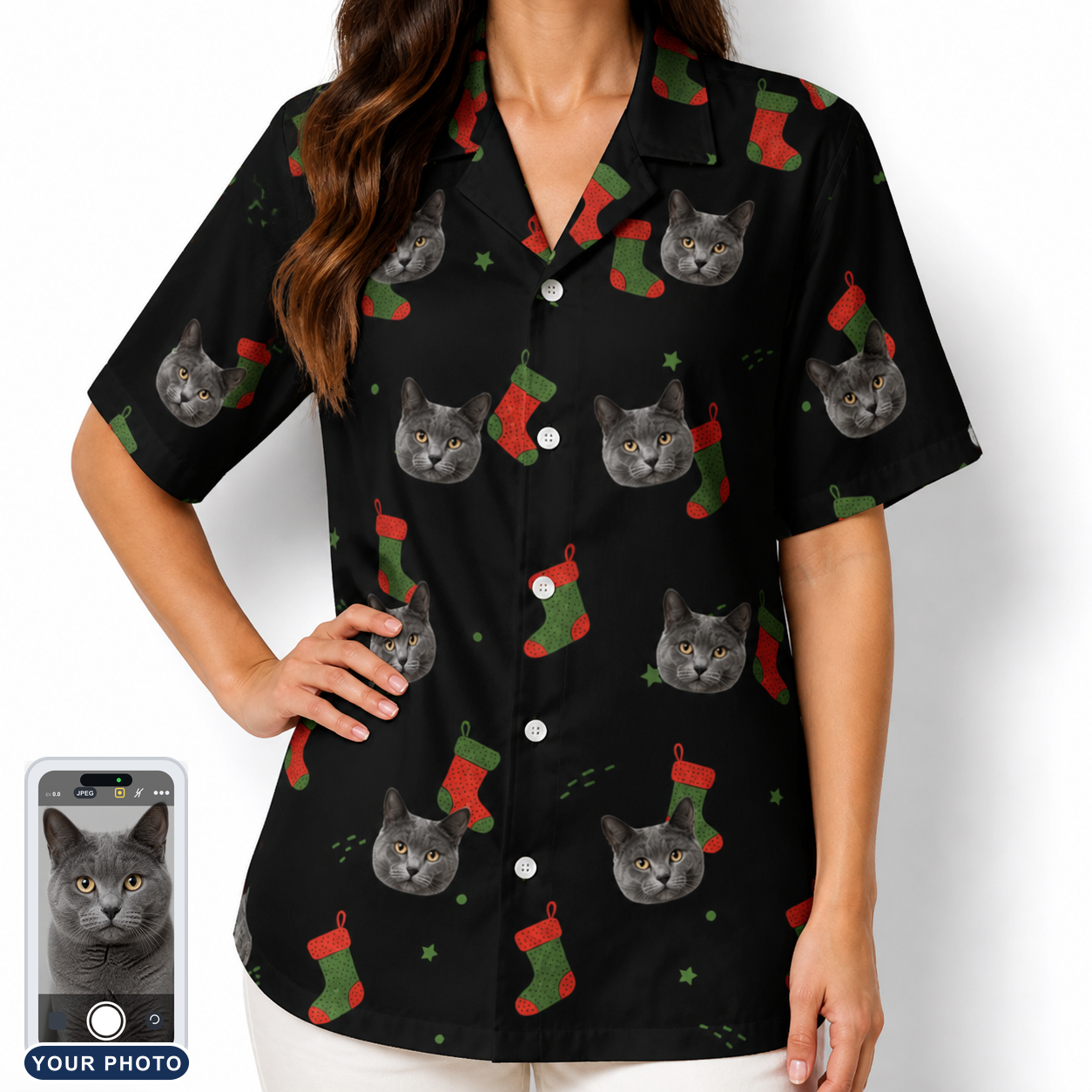 Women's Stocking Stuffer Custom Cat Face Hawaiian Shirt