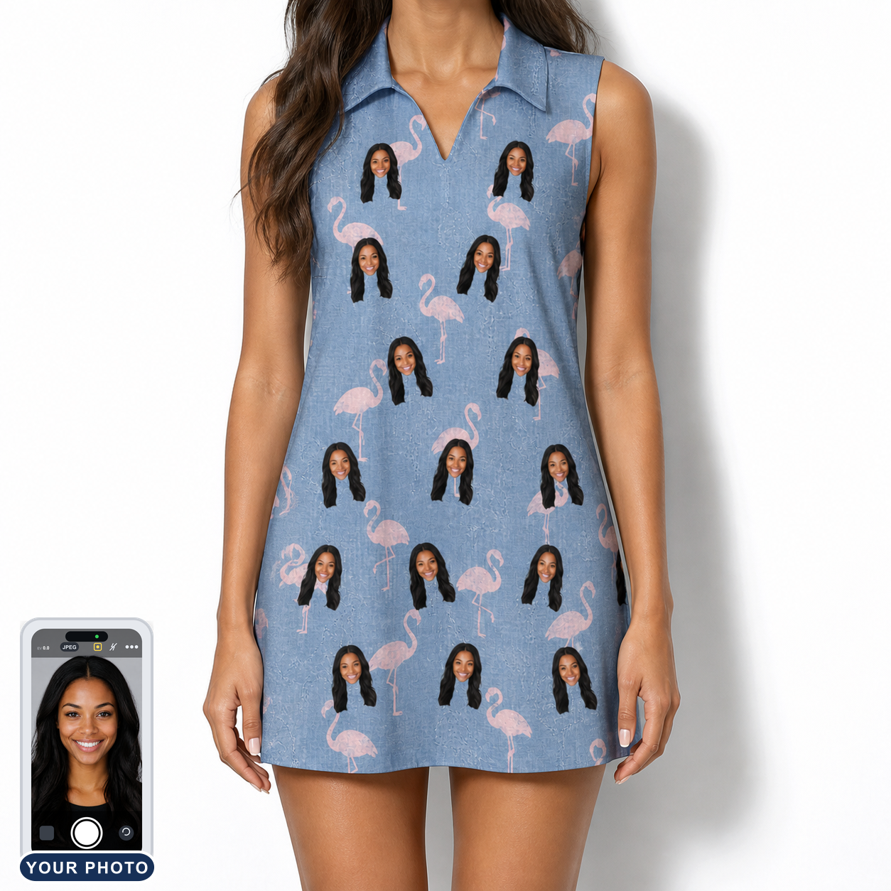Women's Flamingo Fever Custom Face V-Neck Dress