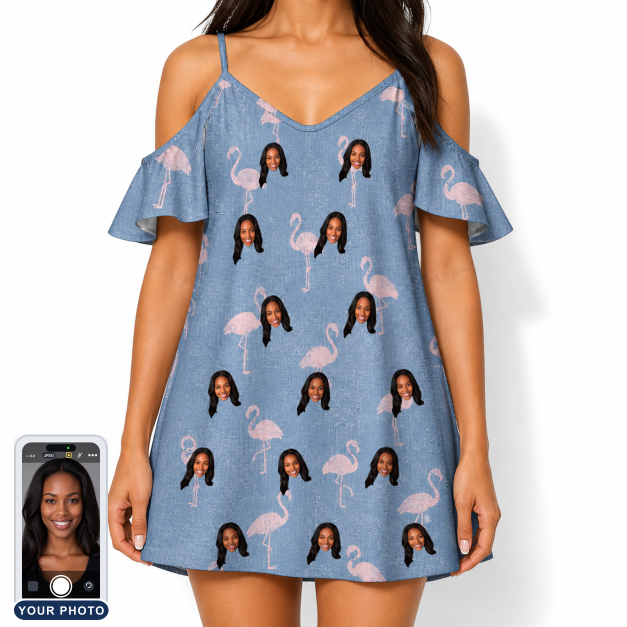 Women's Flamingo Fever Custom Face Off-Shoulder Dress