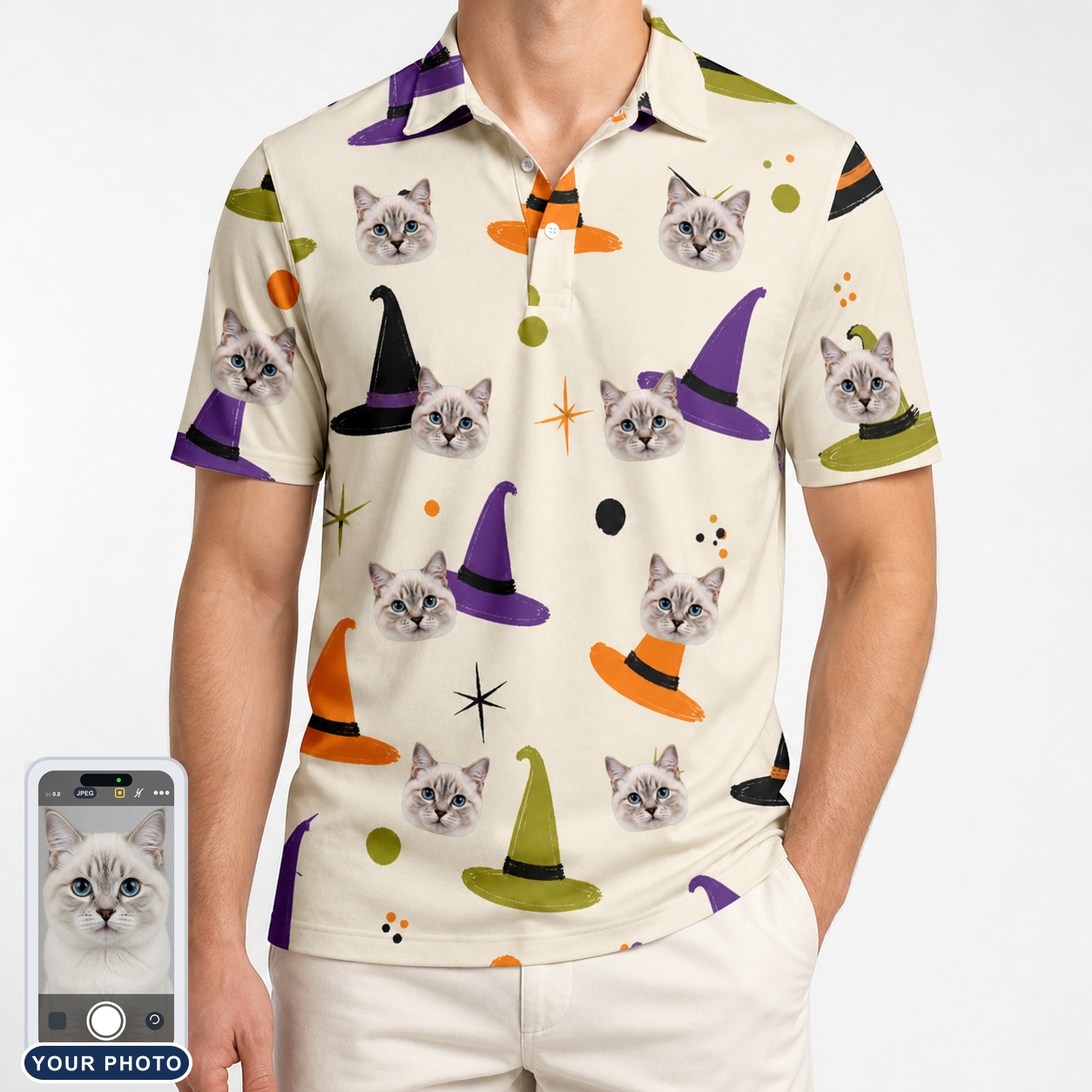 Men's Hexed Headwear Custom Cat Face Polo Shirt