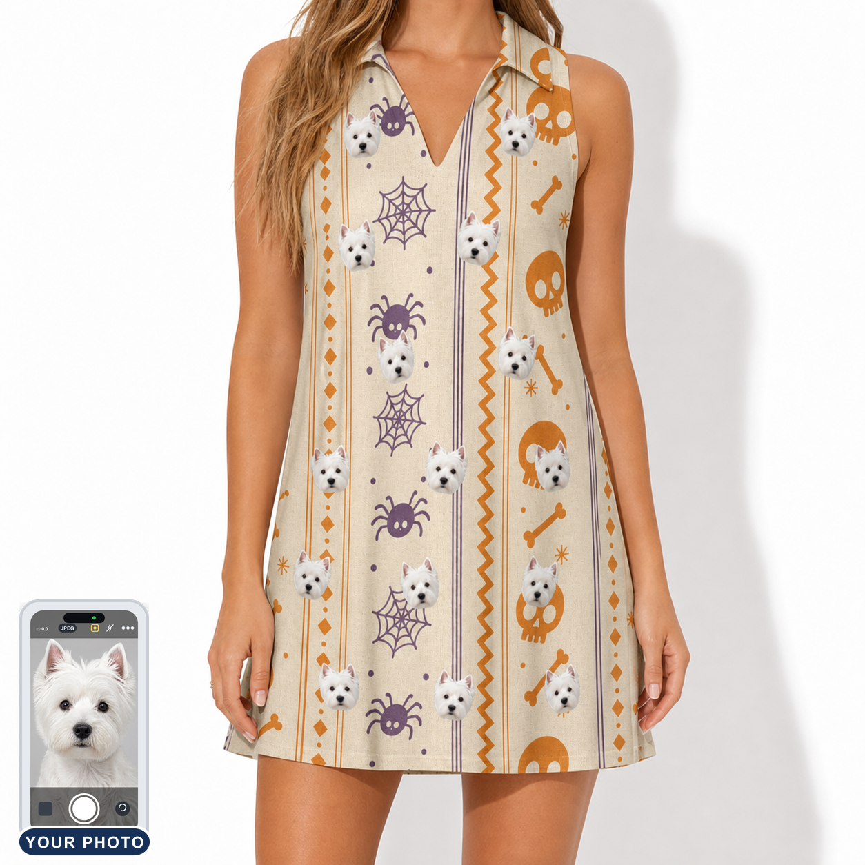 Women's Webbed Bones Custom Dog Face V-Neck Dress