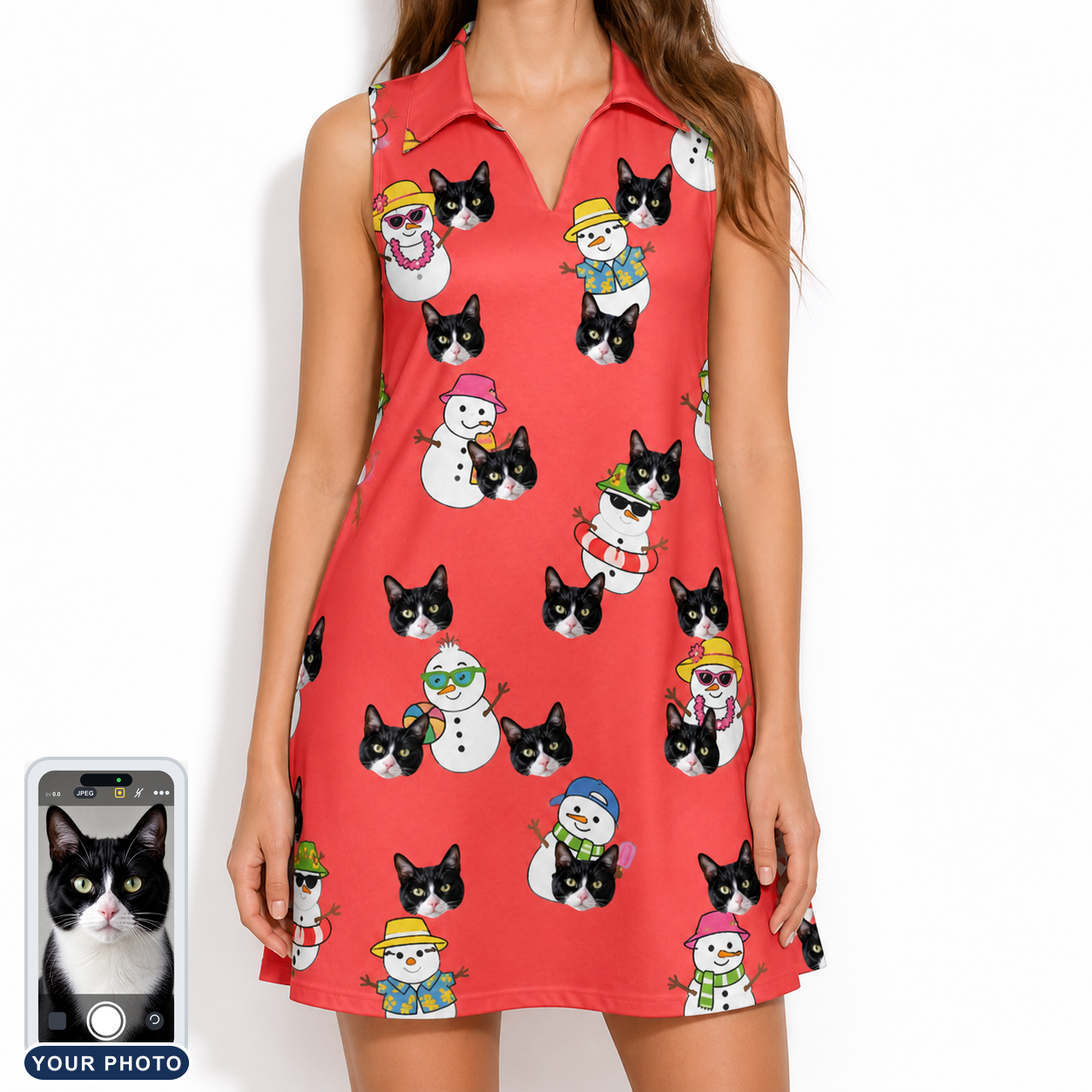 Women's Polar Pantomime Custom Cat Face V-Neck Dress