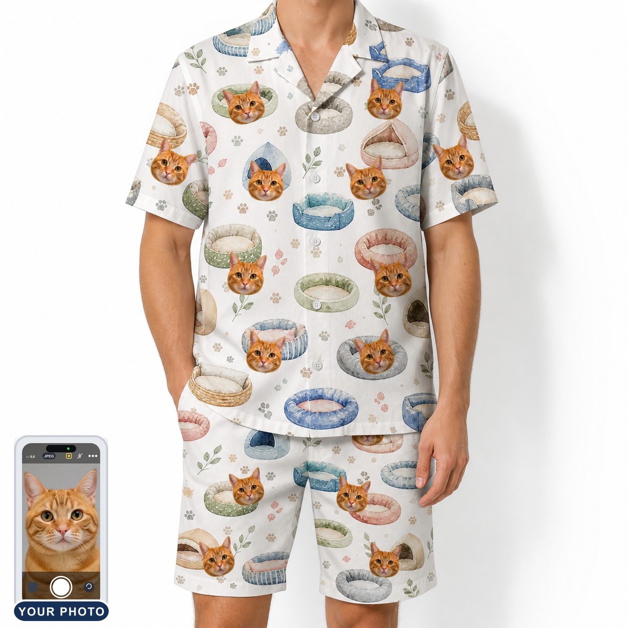 Men's Dreamy Dens Custom Cat Face Shirt & Shorts Set