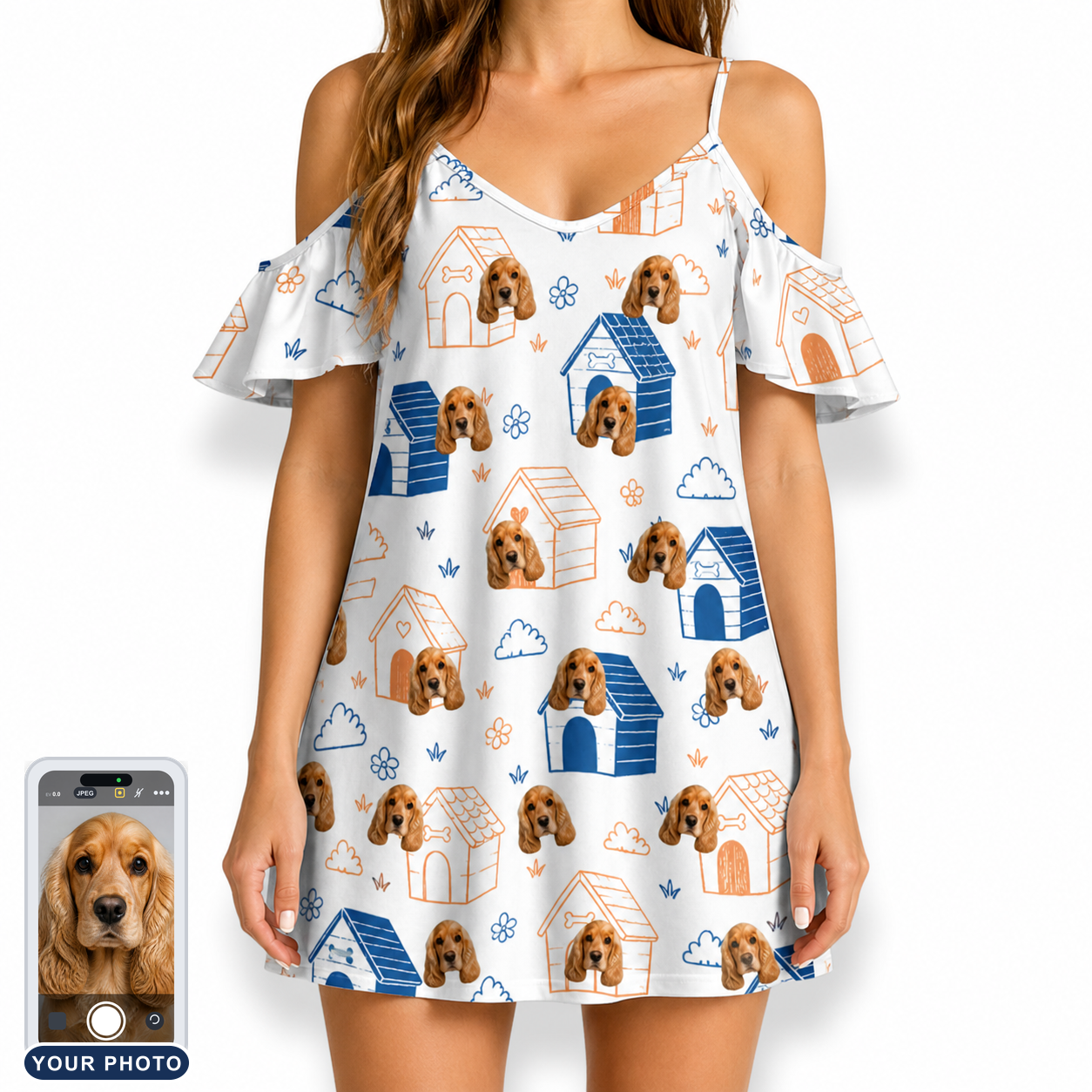 Women's Yap Yurts Custom Dog Face Off-Shoulder Dress