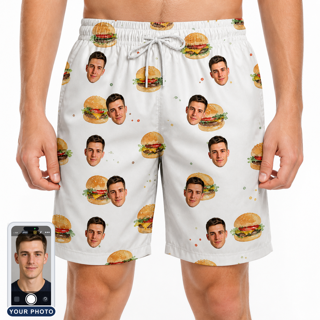 Men's Burger Banquet Custom Face Beach Shorts