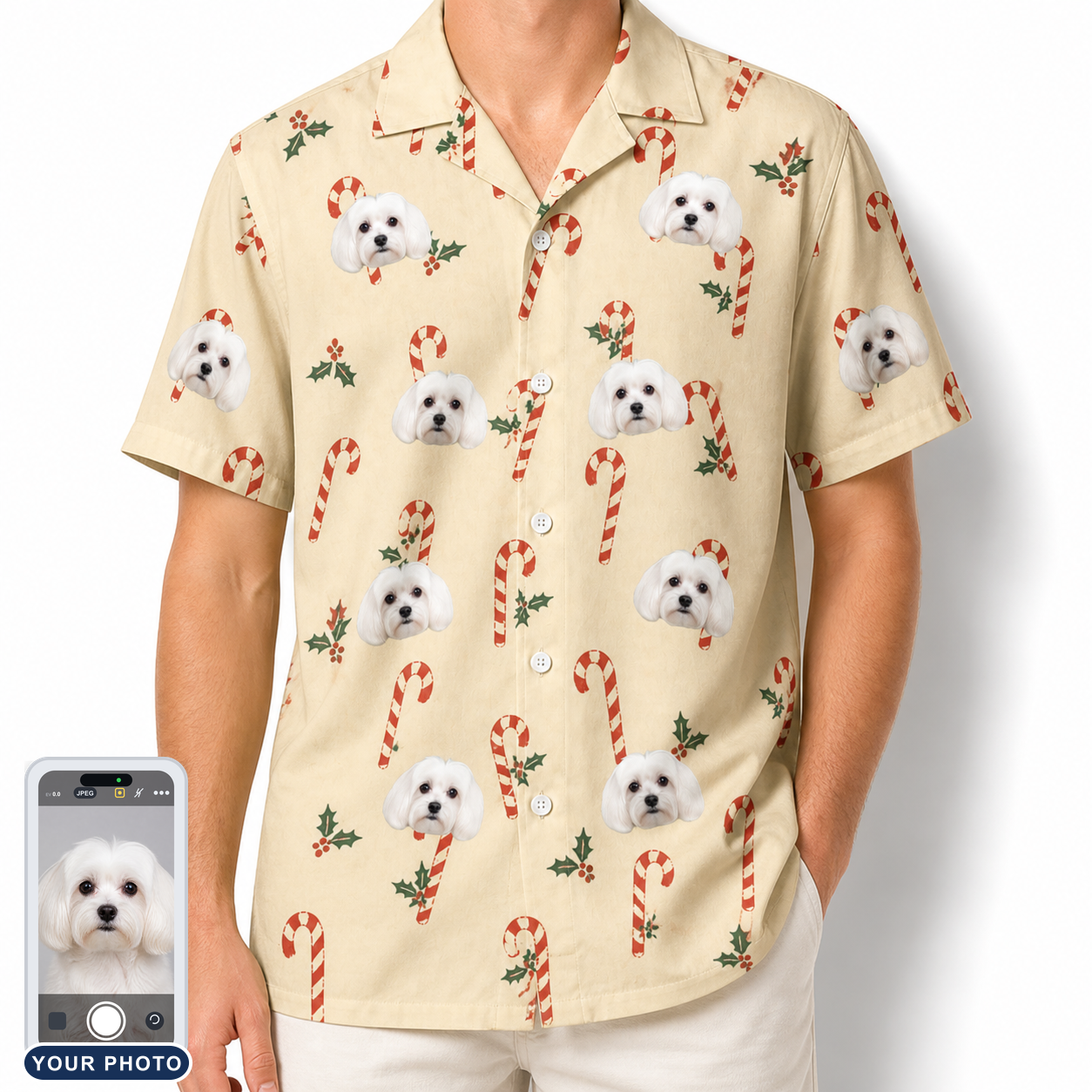 Men's Minty Mistletoe Custom Dog Face Hawaiian Shirt