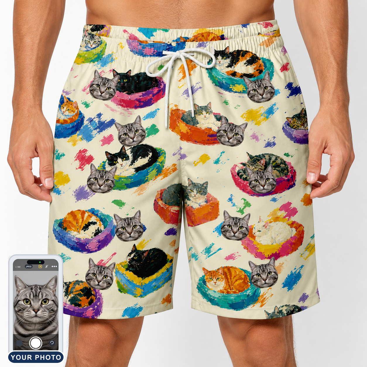 Men's Catnap Cabins Custom Cat Face Beach Shorts
