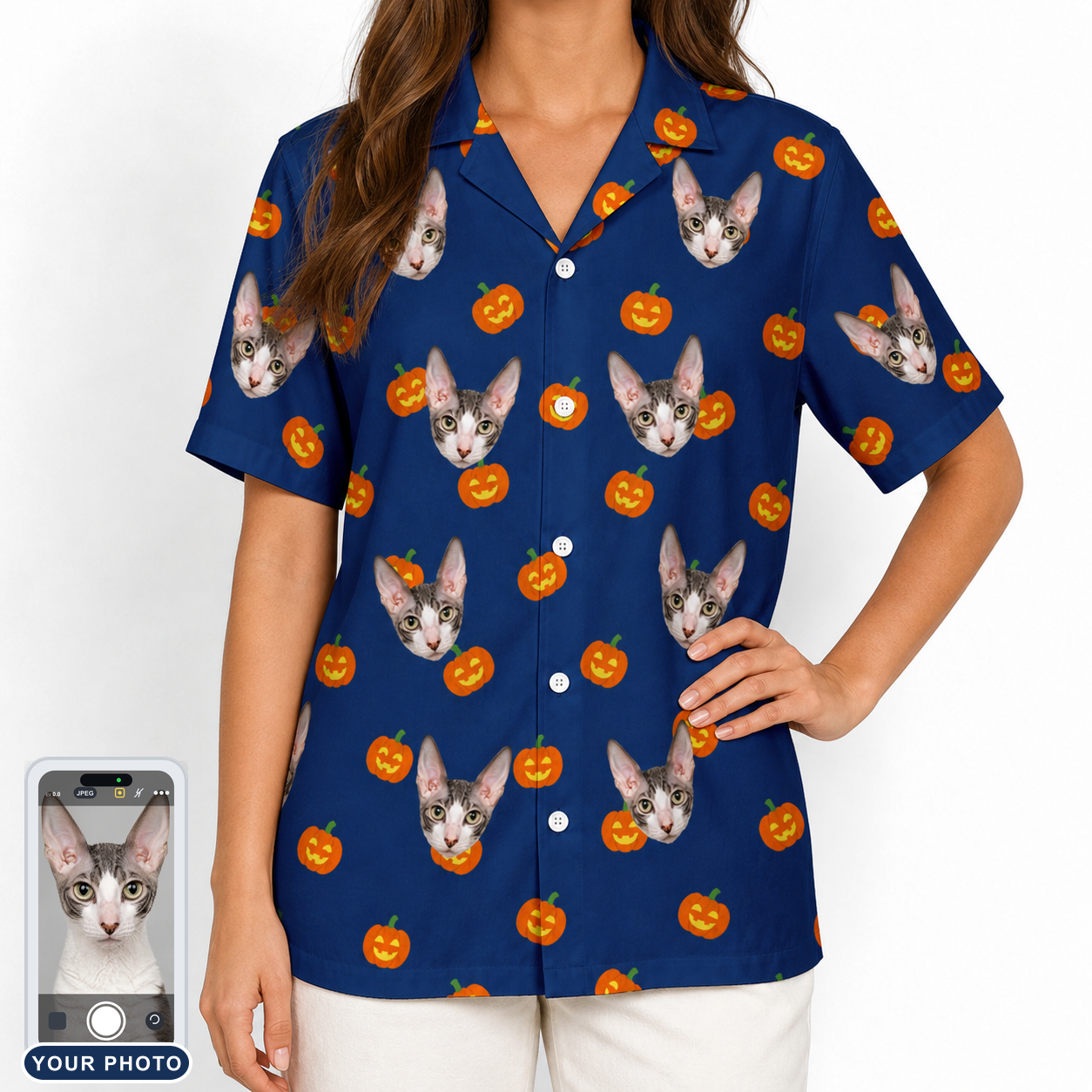 Women's Orange Oddities Custom Cat Face Hawaiian Shirt