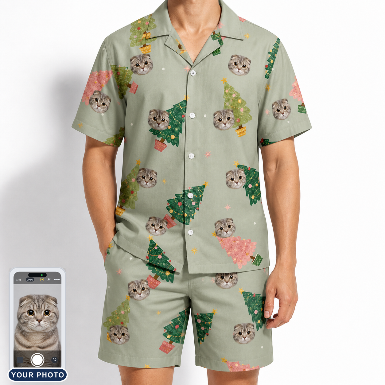Men's Trimmed Tannenbaums Custom Cat Face Shirt & Shorts Set
