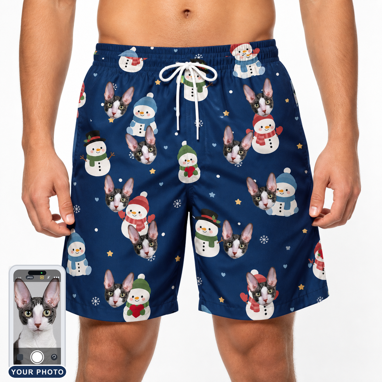 Men's Snowman Shenanigans Custom Cat Face Beach Shorts