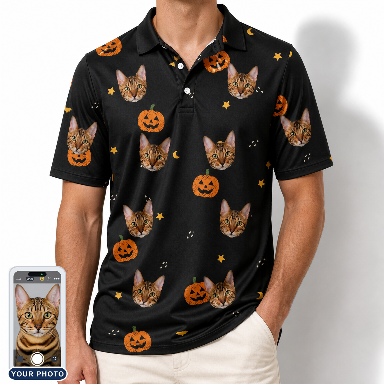 Men's Cackle Carvings Custom Cat Face Polo Shirt