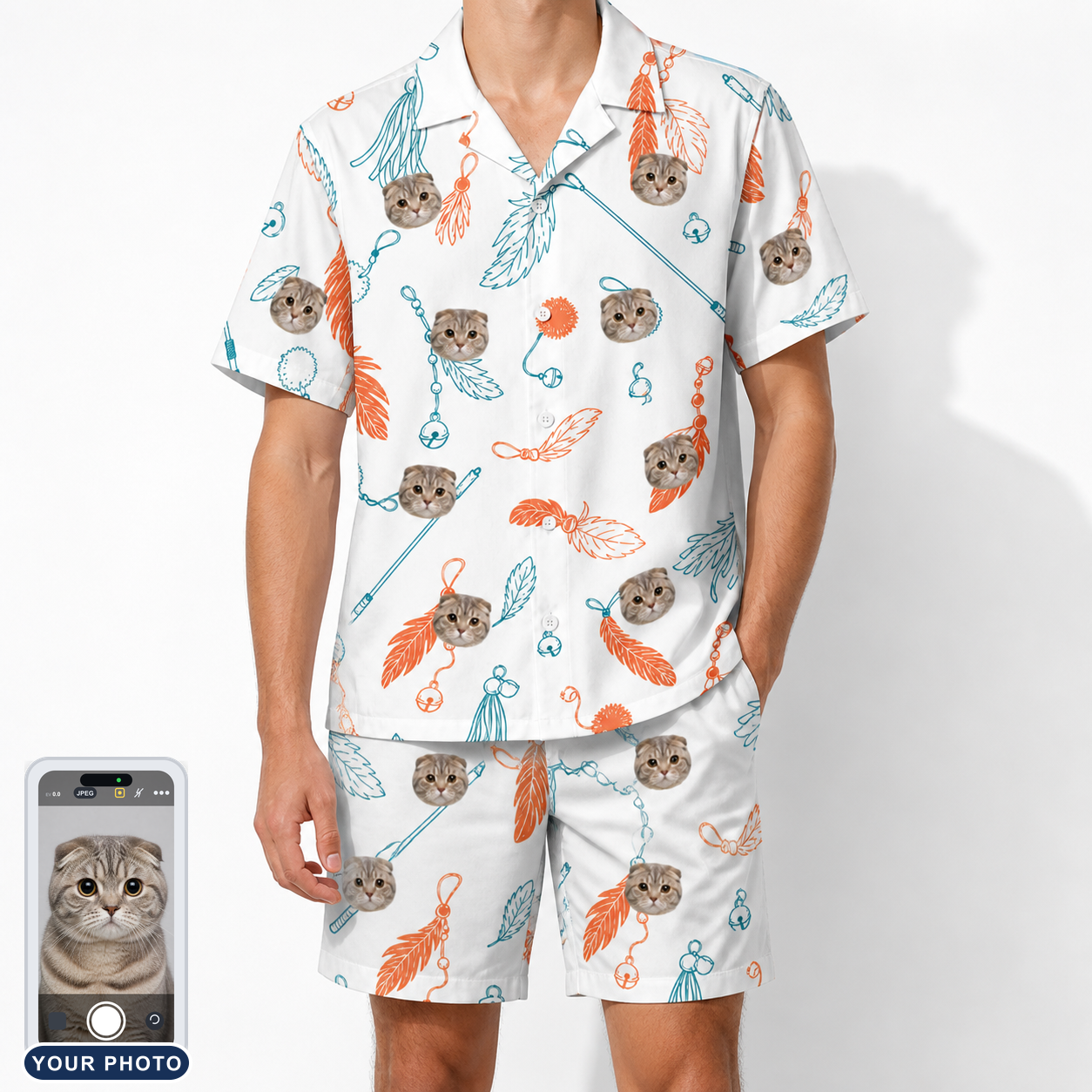 Men's Kitty Plumes Custom Cat Face Shirt & Shorts Set