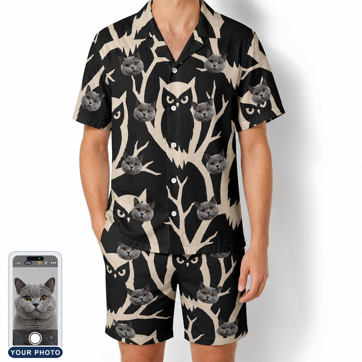 Men's Midnight Moonhoot Custom Cat Face Shirt & Shorts Set