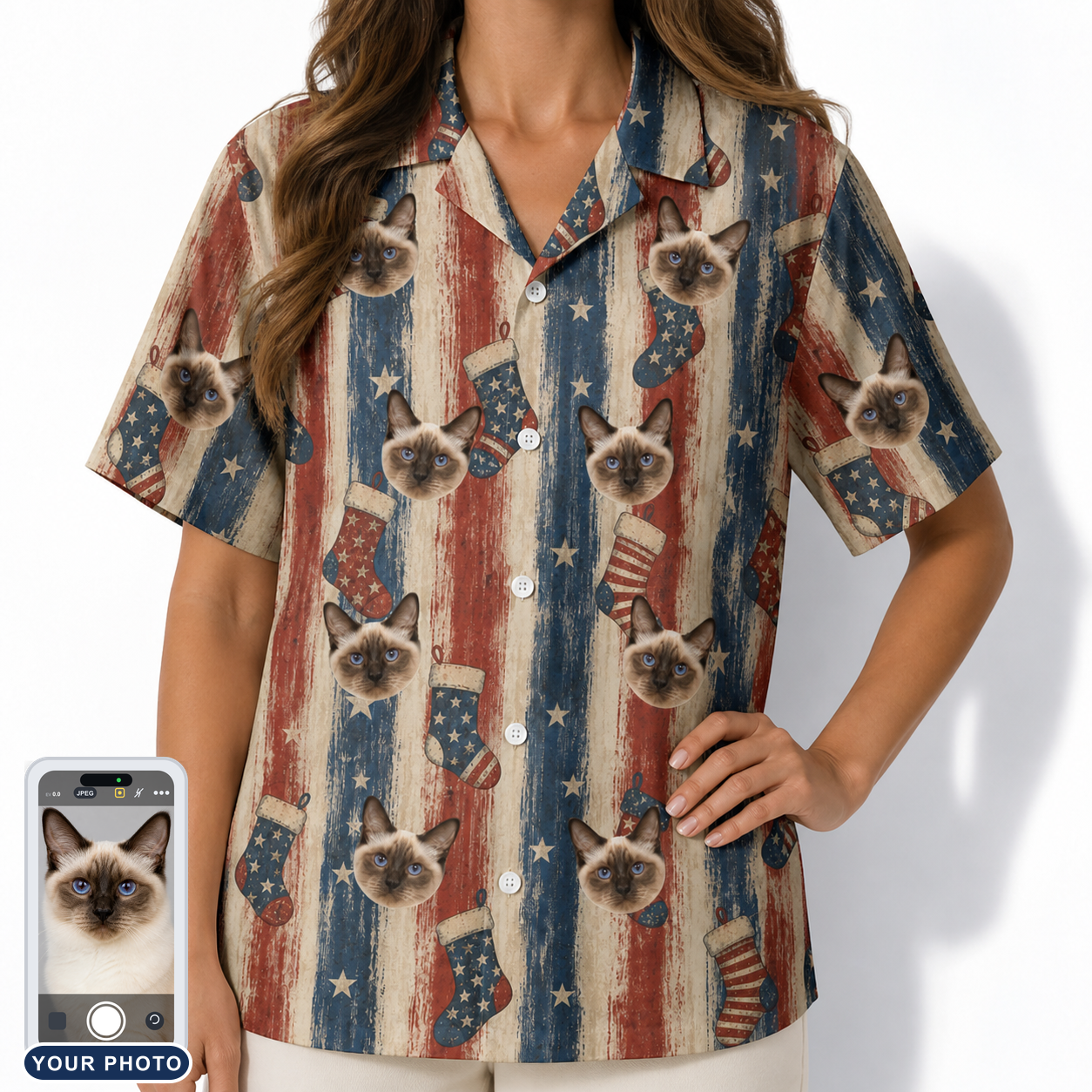 Women's Christmas Cuffs Custom Cat Face Hawaiian Shirt