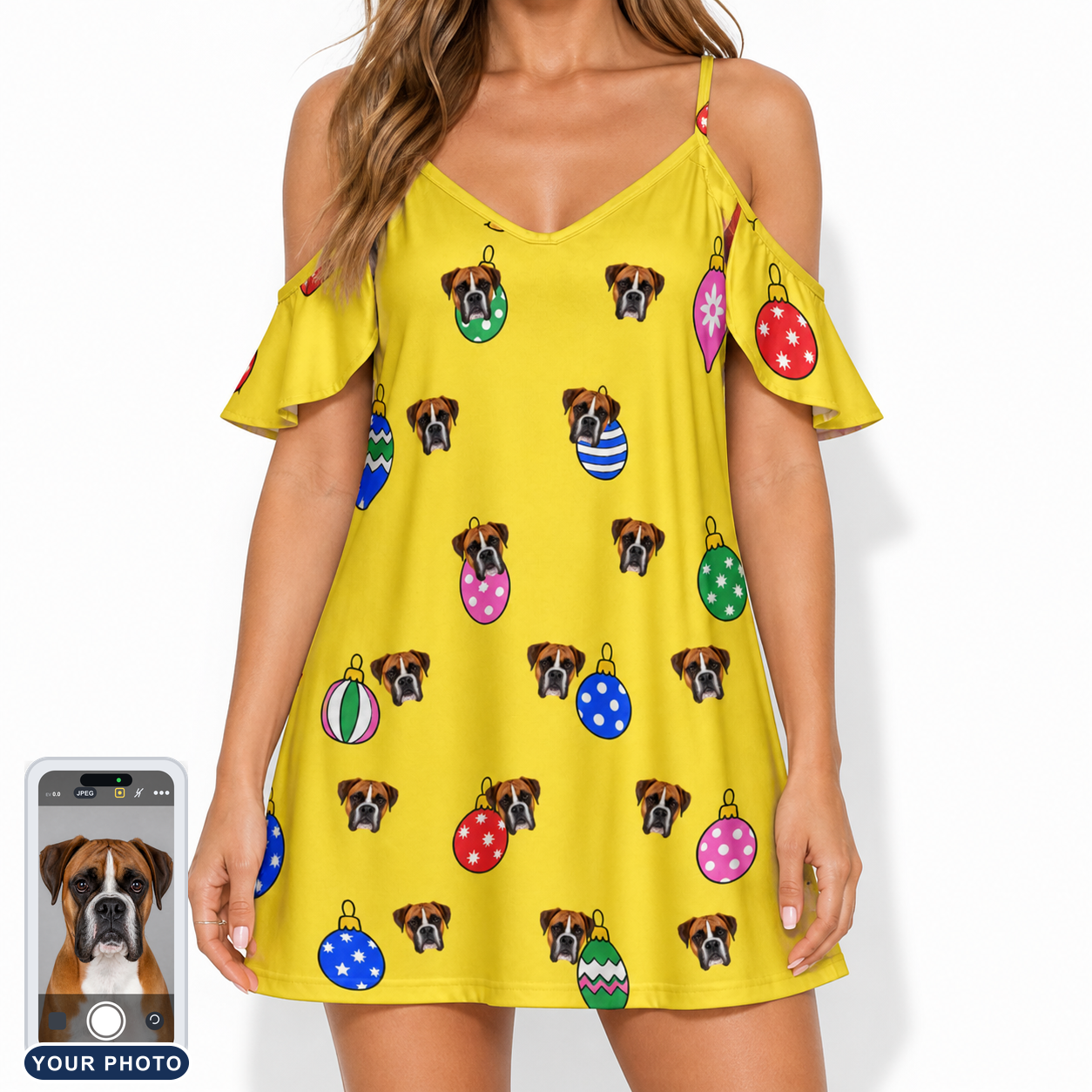 Women's Tree Trinkets Custom Dog Face Off-Shoulder Dress