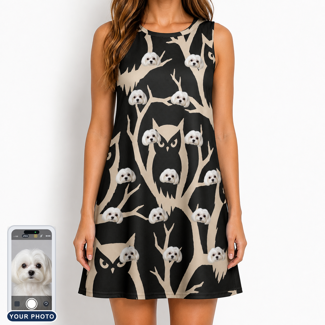 Women's Midnight Moonhoot Custom Dog Face Tank Dress