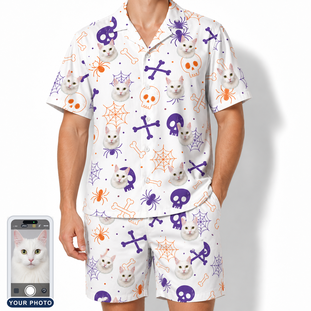 Men's Skull Shuffle Custom Cat Face Shirt & Shorts Set