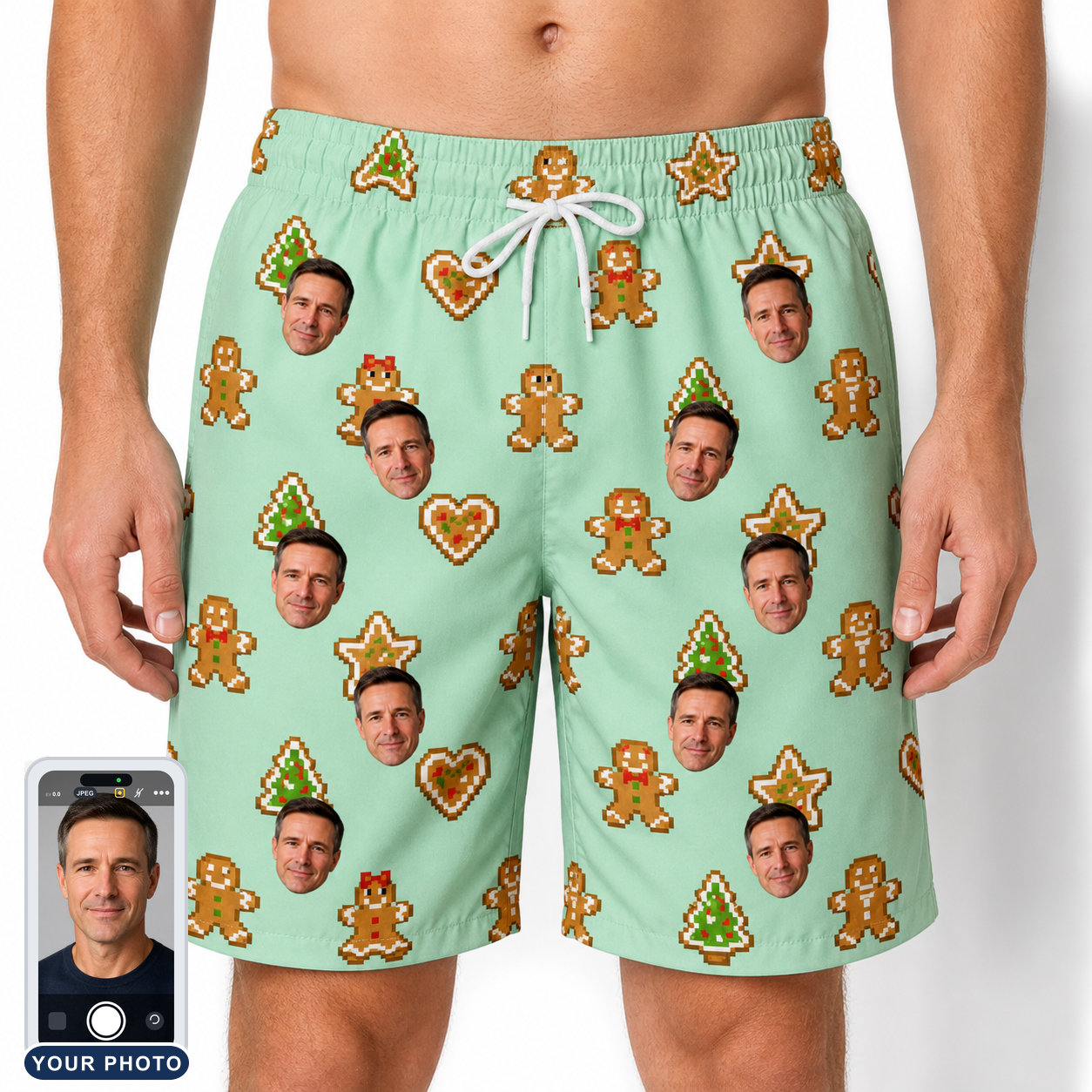 Men's Gingerbread Gallop Custom Face Beach Shorts