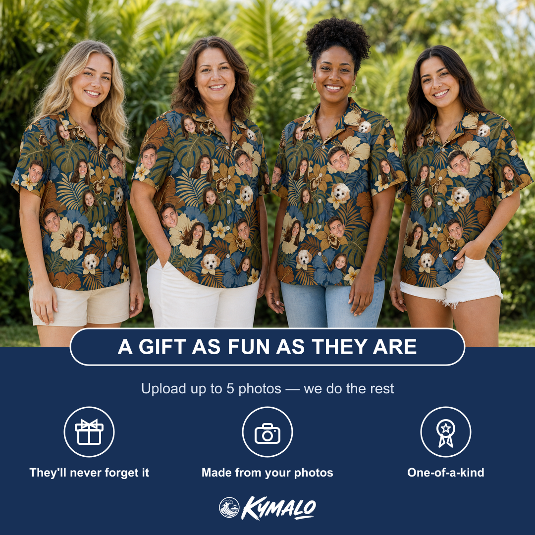 Friends in matching Women's Frond Flower Fizz Custom Face Hawaiian Shirt — a group gift photo