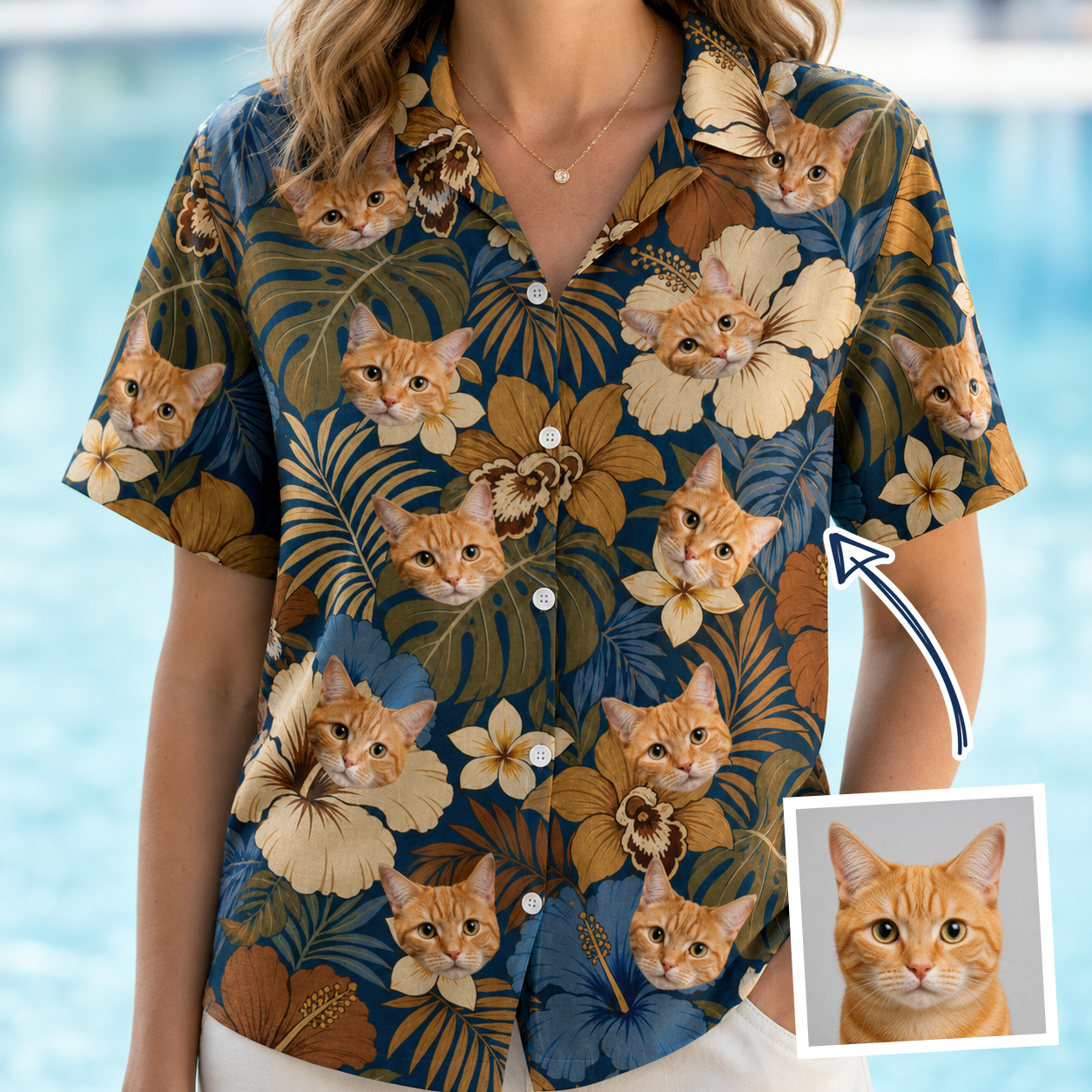 Model wearing Women's Frond Flower Fizz Custom Face Hawaiian Shirt printed with a cat's face