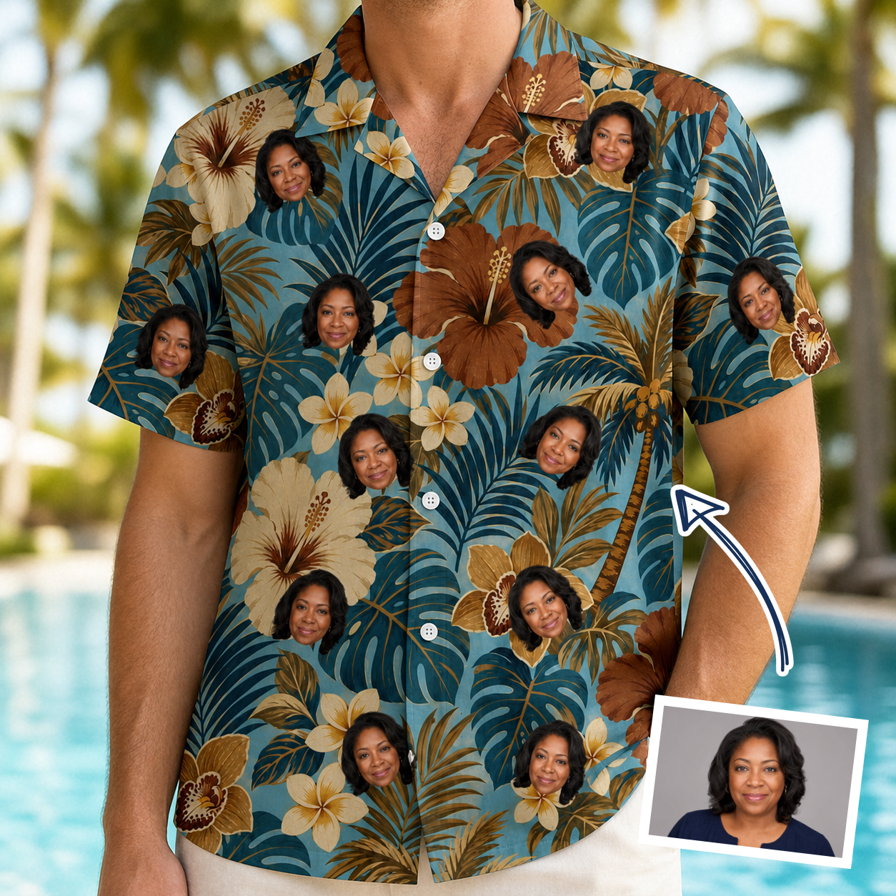Man wearing Men's Palm Print Paradise Custom Face Hawaiian Shirt — custom faces printed all-over