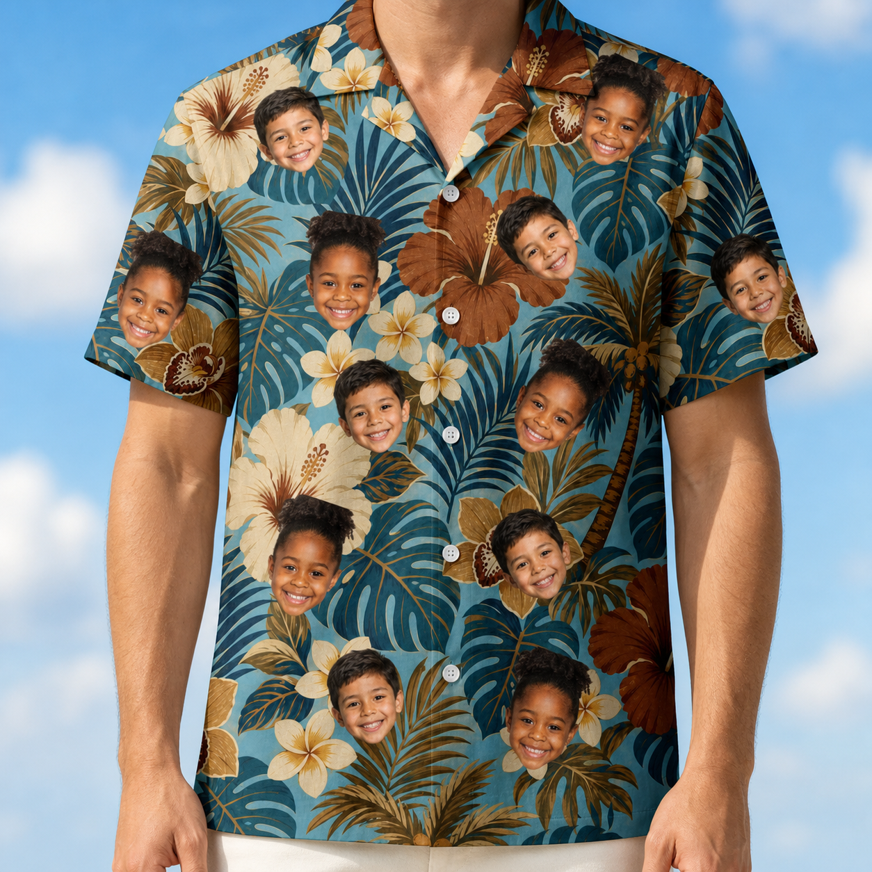 Model wearing Men's Palm Print Paradise Custom Face Hawaiian Shirt printed with kids' faces
