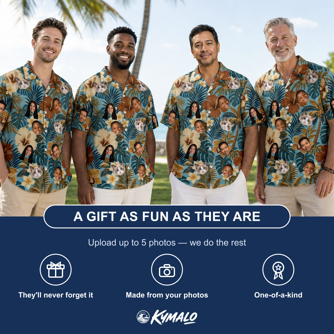 Friends in matching Men's Palm Print Paradise Custom Face Hawaiian Shirt — a group gift photo