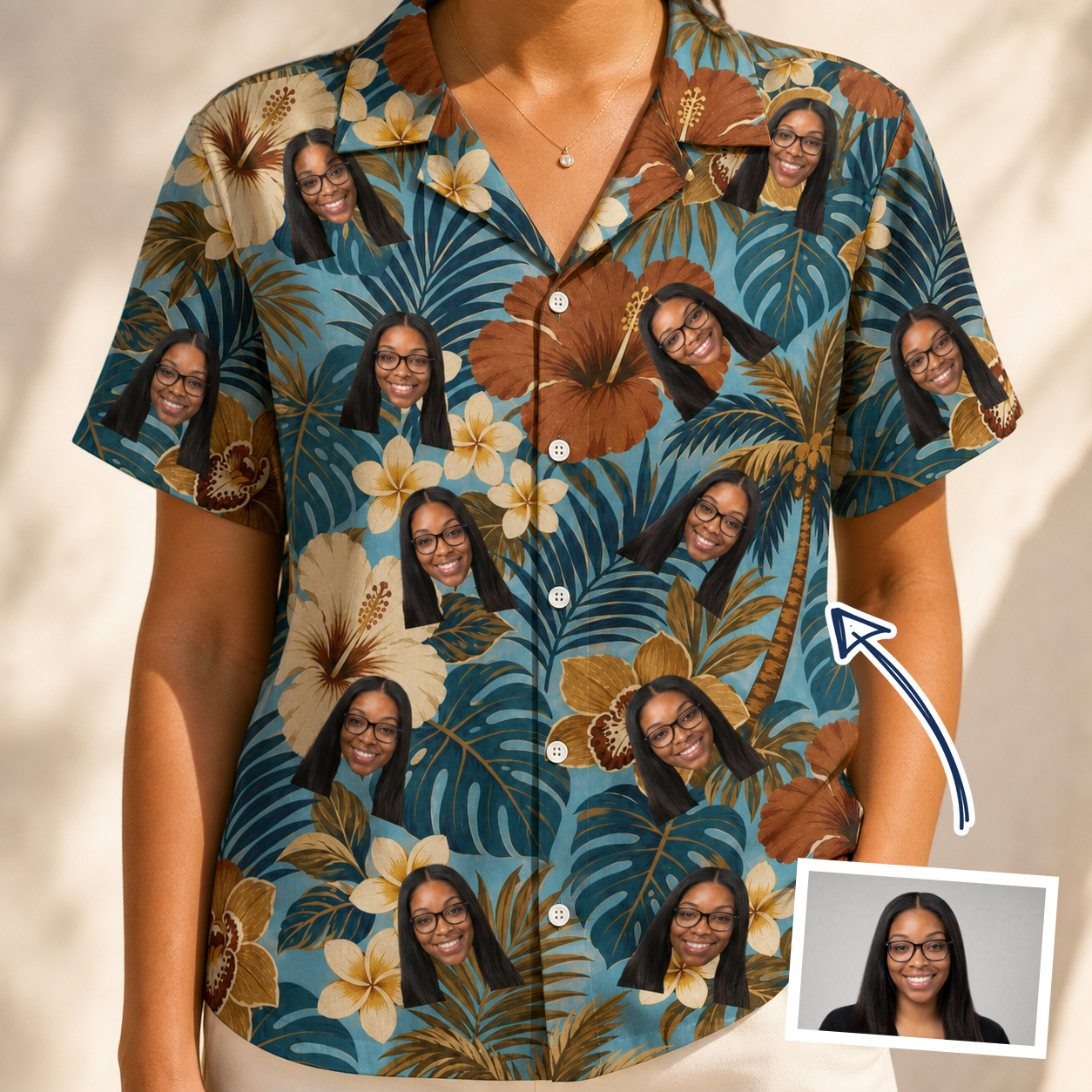 Women's Palm Print Paradise Custom Face Hawaiian Shirt - 5
