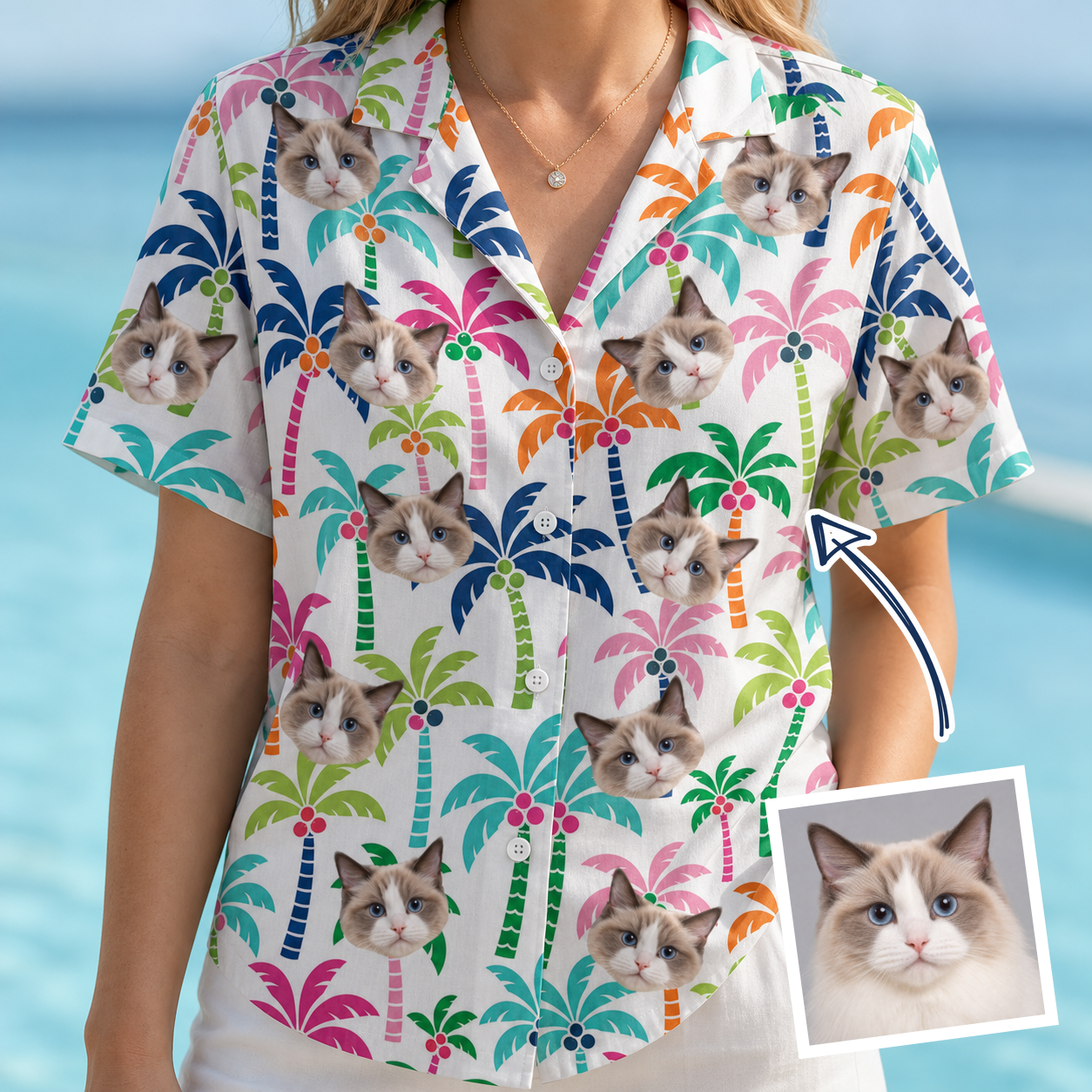 Women's Palm Print Paradise Custom Face Hawaiian Shirt - 5