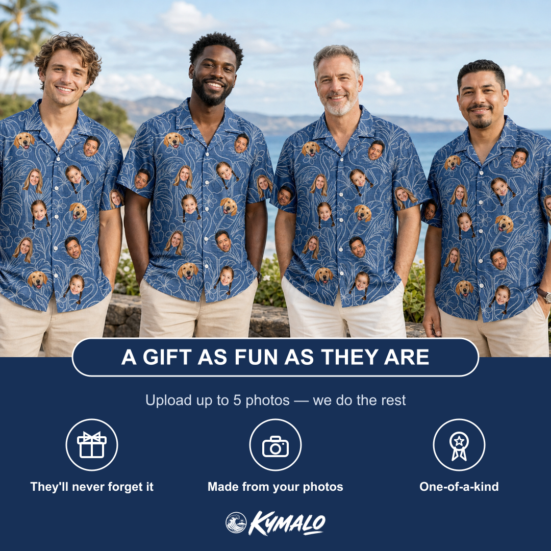 Friends in matching Men's Flamingo Wink Parade Custom Face Hawaiian Shirt — a group gift photo