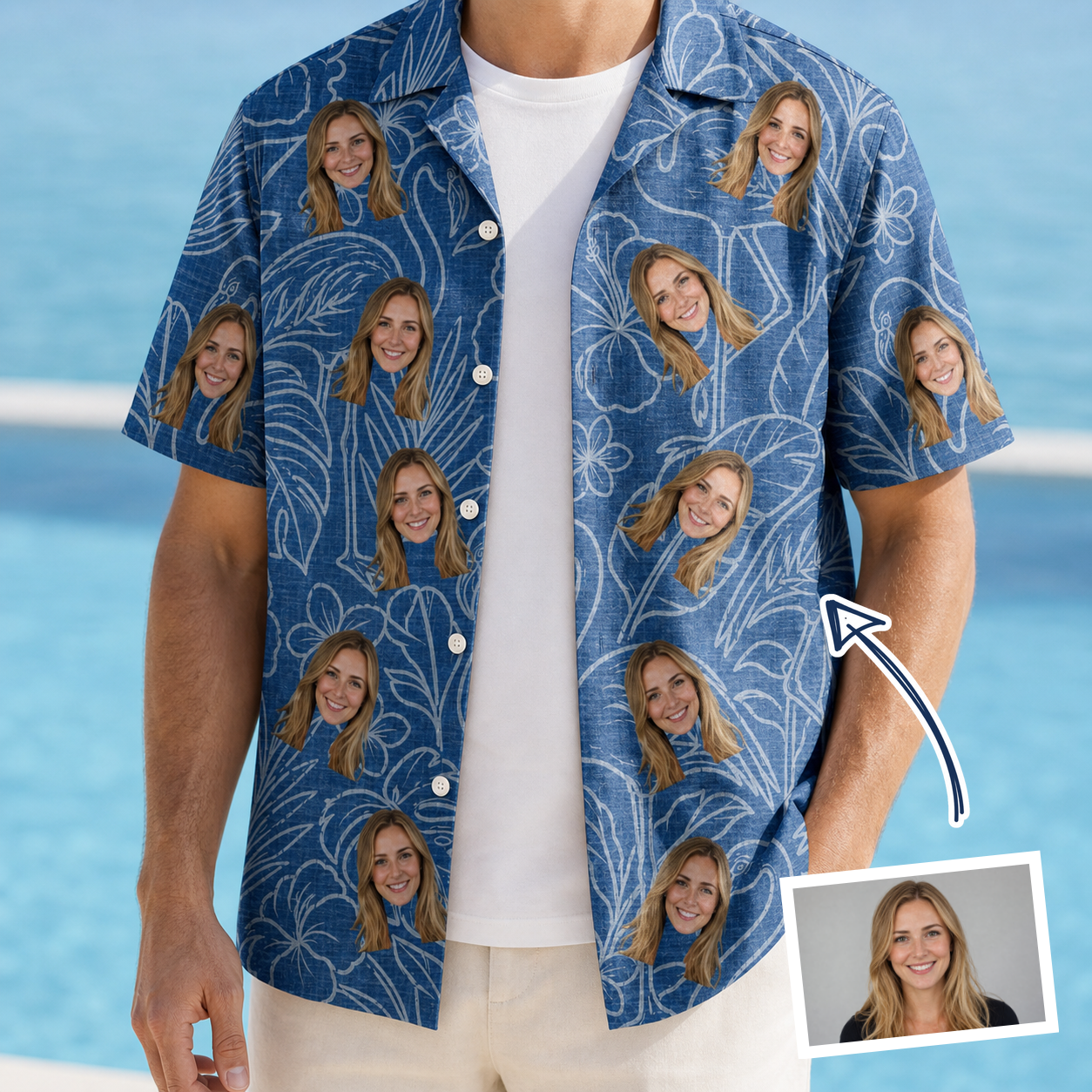Man wearing Men's Flamingo Wink Parade Custom Face Hawaiian Shirt open over a white tee