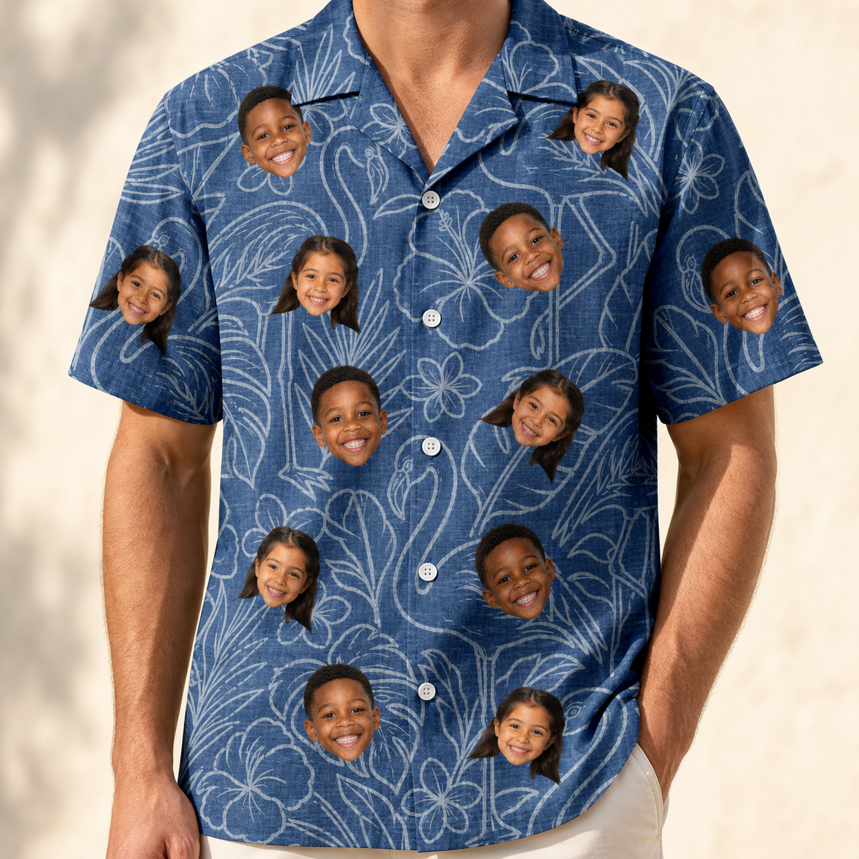 Model wearing Men's Flamingo Wink Parade Custom Face Hawaiian Shirt printed with kids' faces