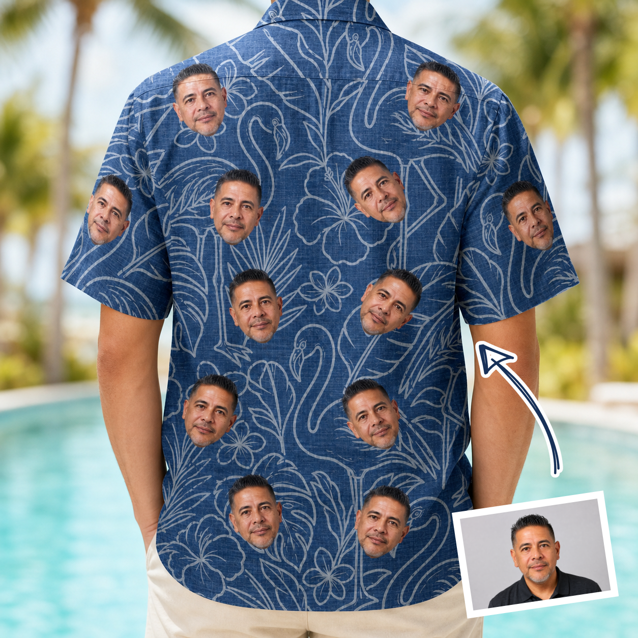 Back view of Men's Flamingo Wink Parade Custom Face Hawaiian Shirt