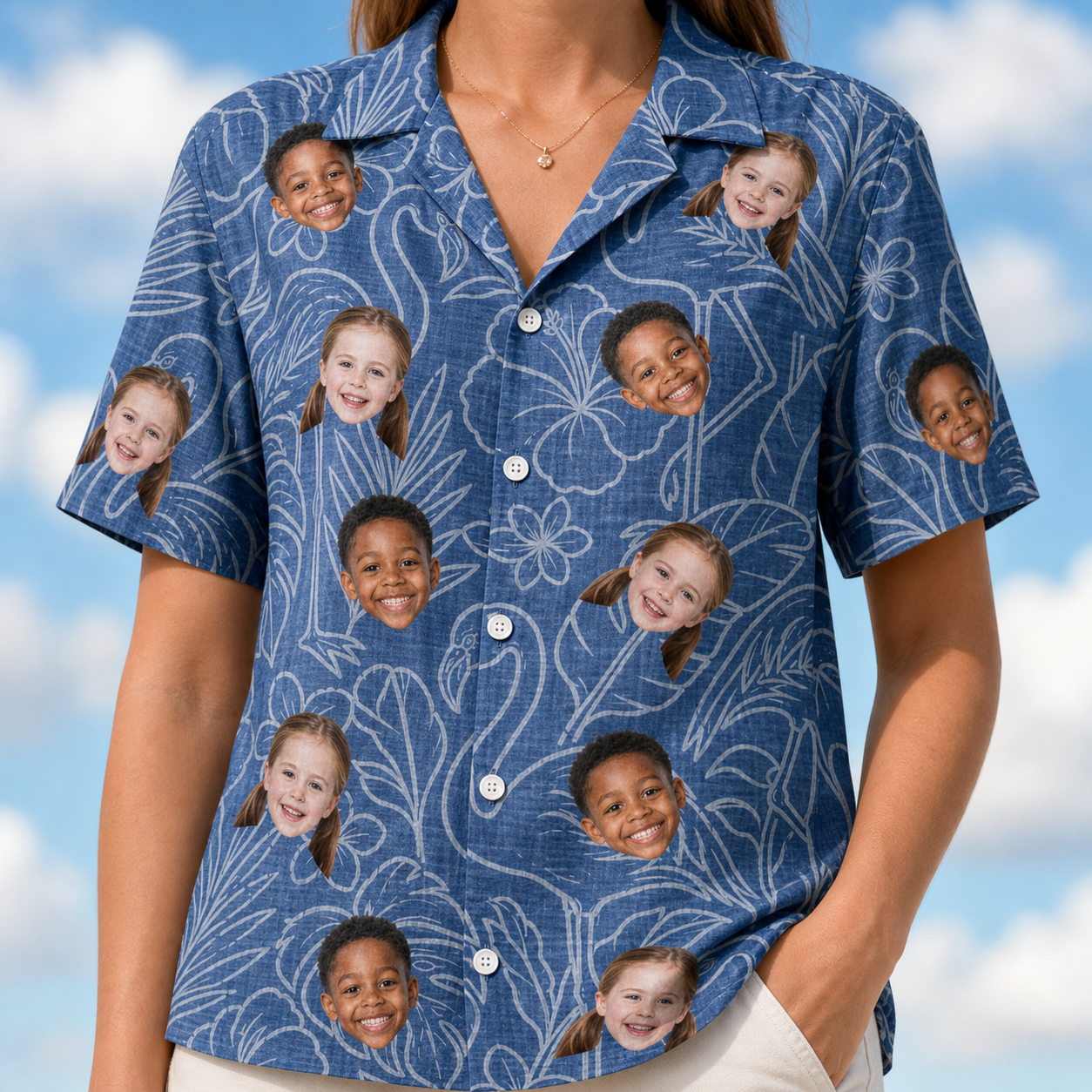 Model wearing Women's Flamingo Wink Parade Custom Face Hawaiian Shirt printed with kids' faces