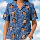 Model wearing Women's Flamingo Wink Parade Custom Face Hawaiian Shirt printed with kids' faces