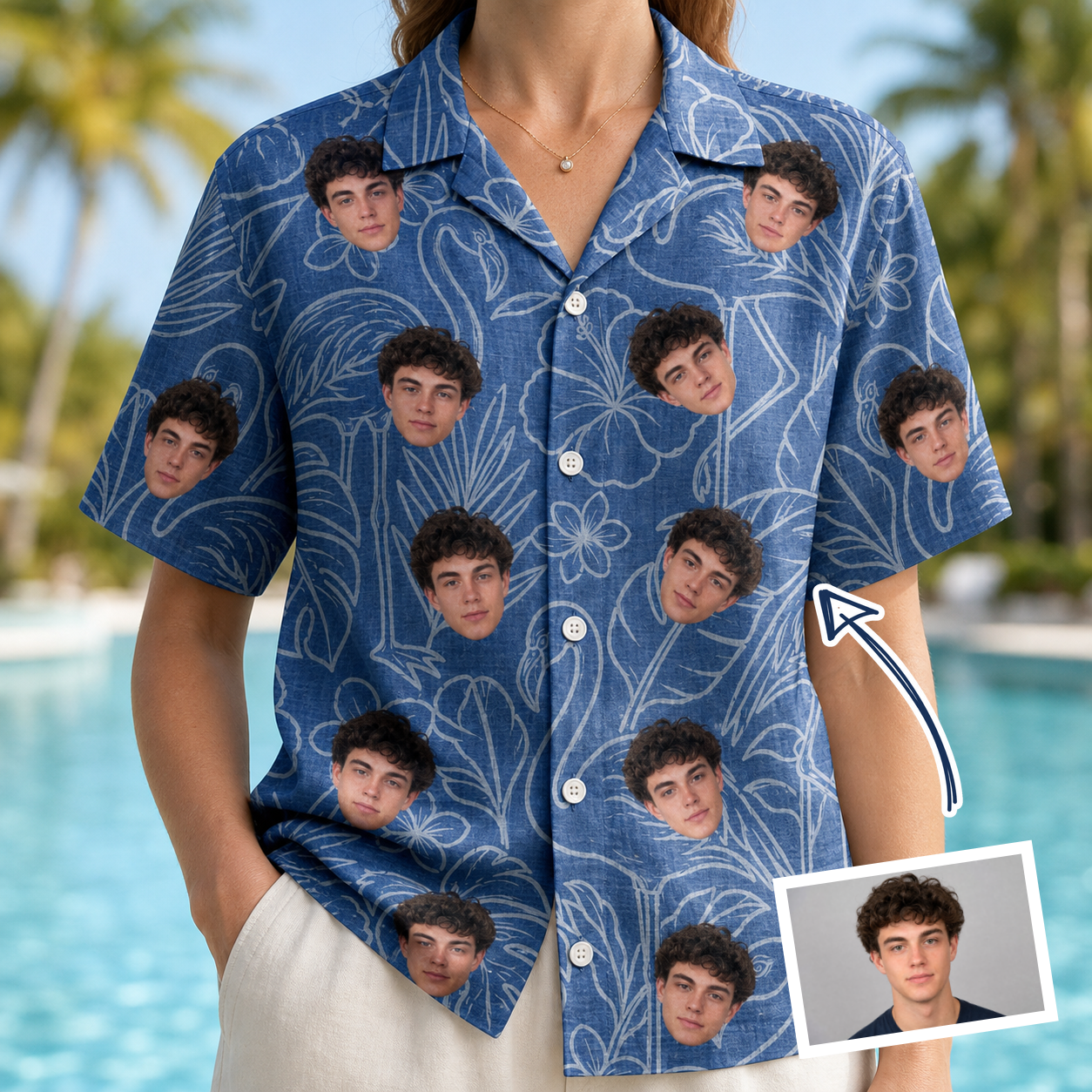 Woman wearing Women's Flamingo Wink Parade Custom Face Hawaiian Shirt — custom faces printed all-over