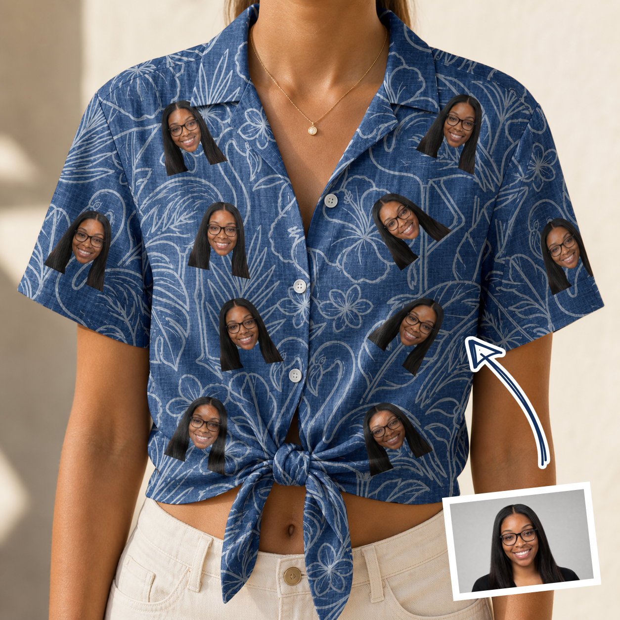 Woman wearing Women's Flamingo Wink Parade Custom Face Hawaiian Shirt tied at the waist
