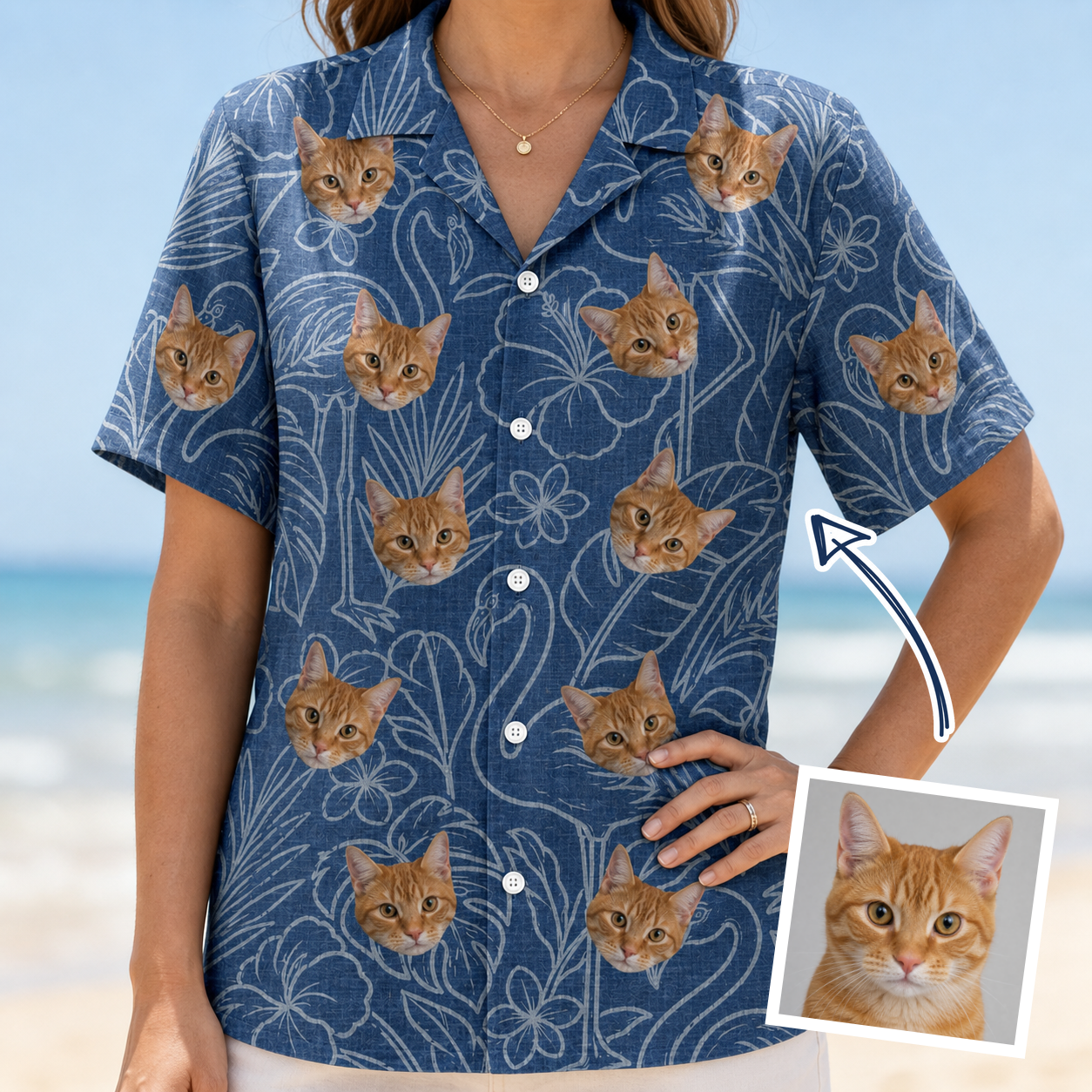 Model wearing Women's Flamingo Wink Parade Custom Face Hawaiian Shirt printed with a cat's face