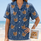 Model wearing Women's Flamingo Wink Parade Custom Face Hawaiian Shirt printed with a cat's face
