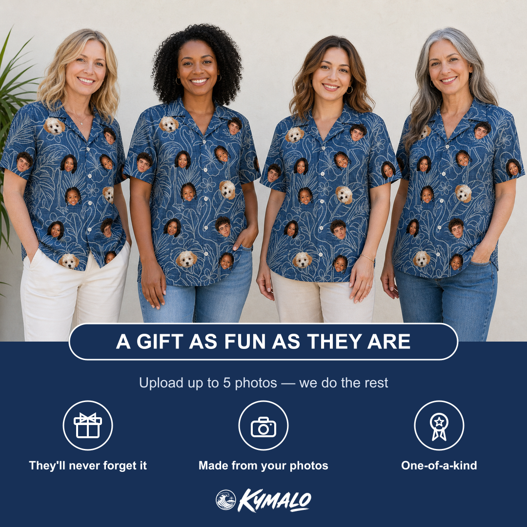 Friends in matching Women's Flamingo Wink Parade Custom Face Hawaiian Shirt — a group gift photo