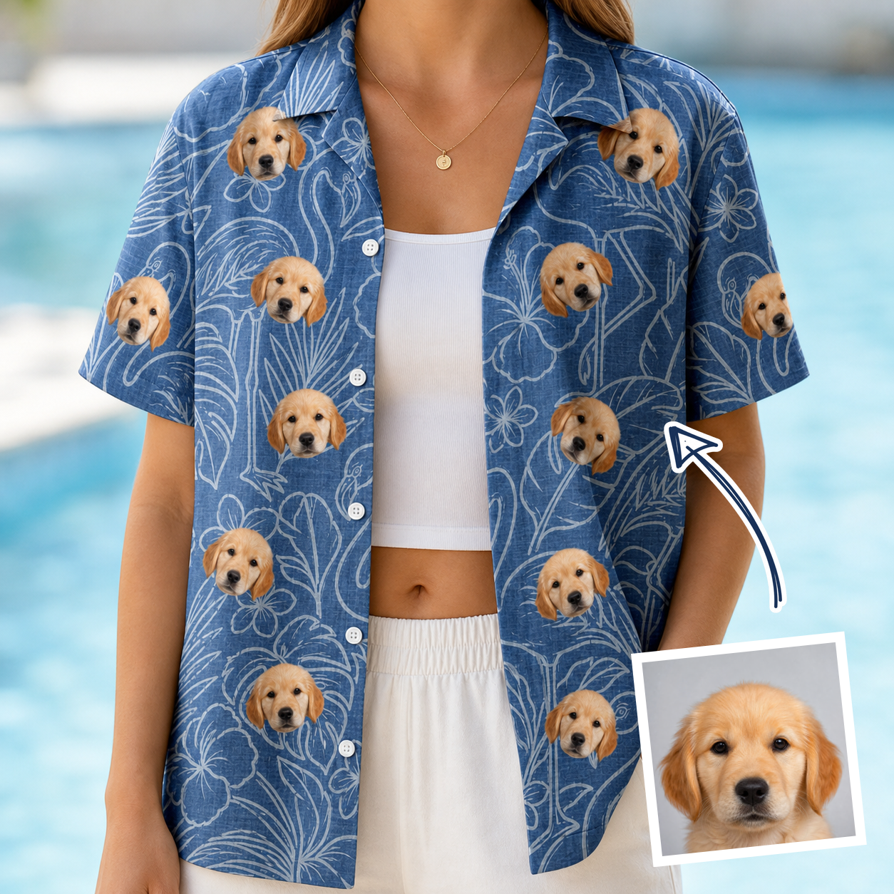 Model wearing Women's Flamingo Wink Parade Custom Face Hawaiian Shirt printed with a dog's face
