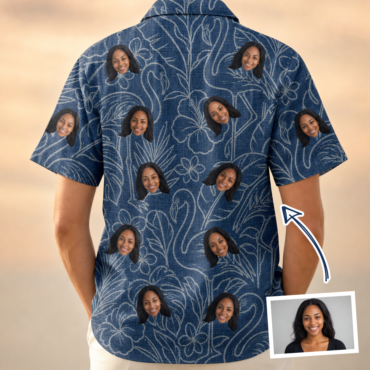 Back view of Women's Flamingo Wink Parade Custom Face Hawaiian Shirt