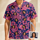 Man wearing Men's Flamingo Flockdown Custom Face Hawaiian Shirt — custom faces printed all-over