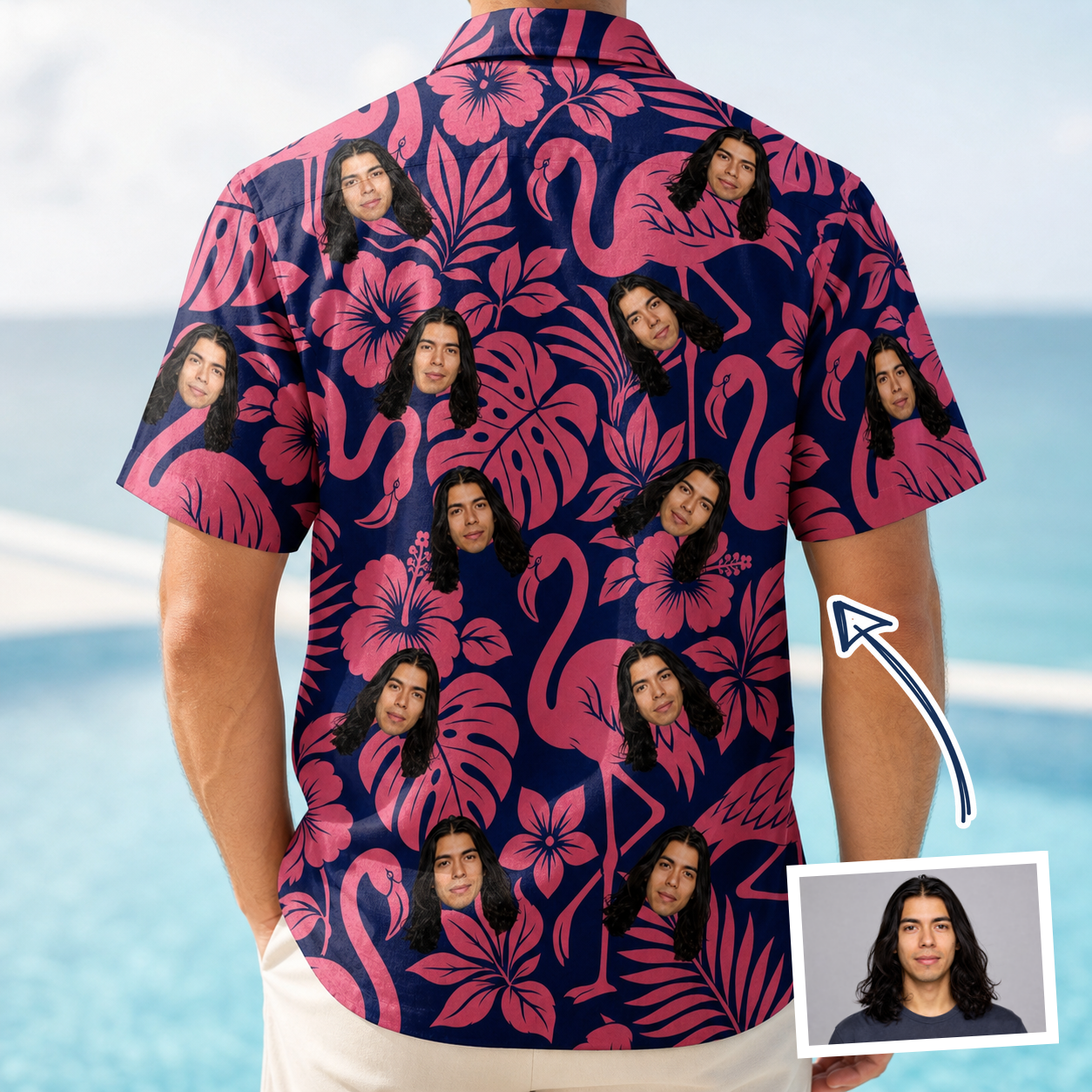 Back view of Men's Flamingo Flockdown Custom Face Hawaiian Shirt
